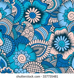 Hand drawn seamless pattern with floral elements. Colorful ethnic background. Pattern can be used for fabric, wallpaper or wrapping.