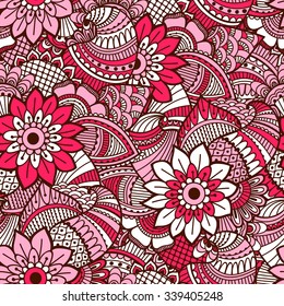 Hand drawn seamless pattern with floral elements. Colorful ethnic background. Pattern can be used for fabric, wallpaper or wrapping