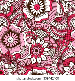 Hand drawn seamless pattern with floral elements. Colorful ethnic background. Pattern can be used for fabric, wallpaper or wrapping.