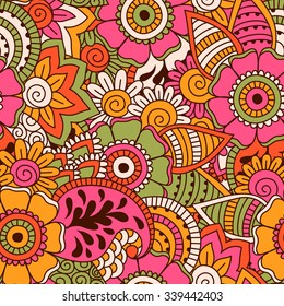 Hand drawn seamless pattern with floral elements. Colorful ethnic background. Pattern can be used for fabric, wallpaper or wrapping.