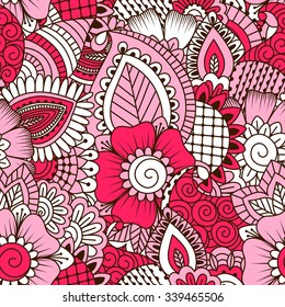 Hand drawn seamless pattern with floral elements. Colorful ethnic background. Pattern can be used for fabric, wallpaper or wrapping.