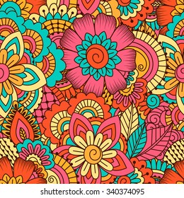 Hand drawn seamless pattern with floral elements. Colorful ethnic background. Pattern can be used for fabric, wallpaper or wrapping.