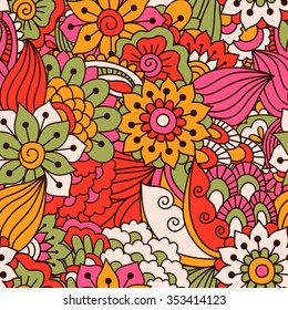 Hand drawn seamless pattern with floral elements. Colorful ethnic background. Pattern can be used for fabric, wallpaper or wrapping.