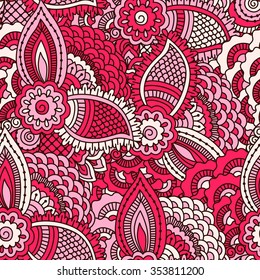 Hand drawn seamless pattern with floral elements. Colorful ethnic background. Pattern can be used for fabric, wallpaper or wrapping.