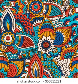 Hand drawn seamless pattern with floral elements. Colorful ethnic background. Pattern can be used for fabric, wallpaper or wrapping.