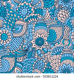 Hand drawn seamless pattern with floral elements. Colorful ethnic background. Pattern can be used for fabric, wallpaper or wrapping.