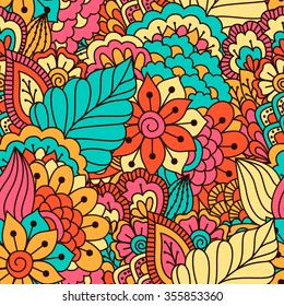Hand drawn seamless pattern with floral elements. Colorful ethnic background. Pattern can be used for fabric, wallpaper or wrapping.