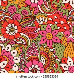 Hand drawn seamless pattern with floral elements. Colorful ethnic background. Pattern can be used for fabric, wallpaper or wrapping.