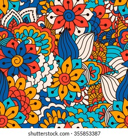 Hand drawn seamless pattern with floral elements. Colorful ethnic background. Pattern can be used for fabric, wallpaper or wrapping.