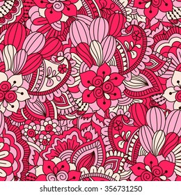 Hand drawn seamless pattern with floral elements. Colorful ethnic background. Pattern can be used for fabric, wallpaper or wrapping.