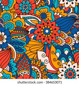 Hand drawn seamless pattern with floral elements. Colorful ethnic background. Pattern can be used for fabric, wallpaper or wrapping.