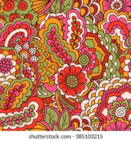 Hand drawn seamless pattern with floral elements. Colorful ethnic background. Pattern can be used for fabric, wallpaper or wrapping
