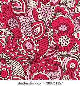 Hand drawn seamless pattern with floral elements. Colorful ethnic background. Pattern can be used for fabric, wallpaper or wrapping.