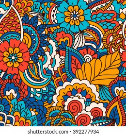 Hand drawn seamless pattern with floral elements.
