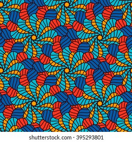Hand drawn seamless pattern with floral elements. Colorful ethnic background. Pattern can be used for fabric, wallpaper or wrapping.