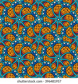 Hand drawn seamless pattern with floral elements. Colorful ethnic background. Pattern can be used for fabric, wallpaper or wrapping.