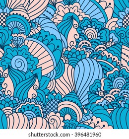 Hand drawn seamless pattern with floral elements. Colorful ethnic background. Pattern can be used for fabric, wallpaper or wrapping.
