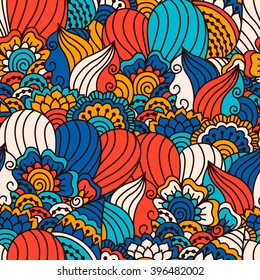 Hand drawn seamless pattern with floral elements. Colorful ethnic background. Pattern can be used for fabric, wallpaper or wrapping.