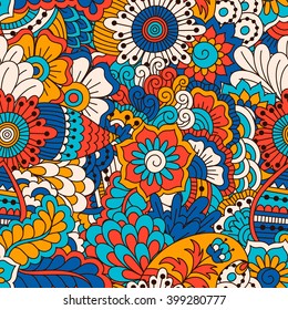 Hand drawn seamless pattern with floral elements. Colorful ethnic background. Pattern can be used for fabric, wallpaper or wrapping.