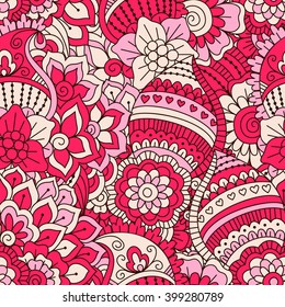 Hand drawn seamless pattern with floral elements. Colorful ethnic background. Pattern can be used for fabric, wallpaper or wrapping.