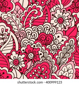 Hand drawn seamless pattern with floral elements. Colorful ethnic background. Pattern can be used for fabric, wallpaper or wrapping
