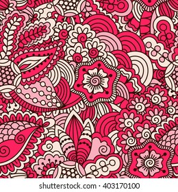 Hand drawn seamless pattern with floral elements. Colorful ethnic background. Pattern can be used for fabric, wallpaper or wrapping.