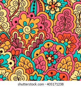 Hand drawn seamless pattern with floral elements. Colorful ethnic background. Pattern can be used for fabric, wallpaper or wrapping