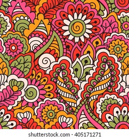 Hand drawn seamless pattern with floral elements. Colorful ethnic background. Pattern can be used for fabric, wallpaper or wrapping
