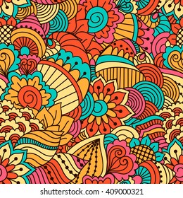 Hand drawn seamless pattern with floral elements. Colorful ethnic background. Pattern can be used for fabric, wallpaper or wrapping
