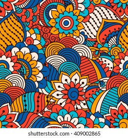 Hand drawn seamless pattern with floral elements. Colorful ethnic background. Pattern can be used for fabric, wallpaper or wrapping