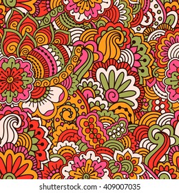 Hand drawn seamless pattern with floral elements. Colorful ethnic background. Pattern can be used for fabric, wallpaper or wrapping
