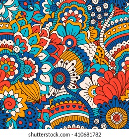 Hand drawn seamless pattern with floral elements. Colorful ethnic background. Pattern can be used for fabric, wallpaper or wrapping
