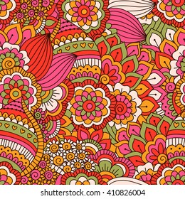 Hand drawn seamless pattern with floral elements. Colorful ethnic background. Pattern can be used for fabric, wallpaper or wrapping
