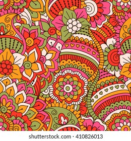 Hand drawn seamless pattern with floral elements. Colorful ethnic background. Pattern can be used for fabric, wallpaper or wrapping