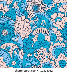 Hand drawn seamless pattern with floral elements. Colorful ethnic background. Pattern can be used for fabric, wallpaper or wrapping