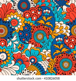 Hand drawn seamless pattern with floral elements. Colorful ethnic background. Pattern can be used for fabric, wallpaper or wrapping