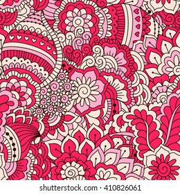Hand drawn seamless pattern with floral elements. Colorful ethnic background. Pattern can be used for fabric, wallpaper or wrapping