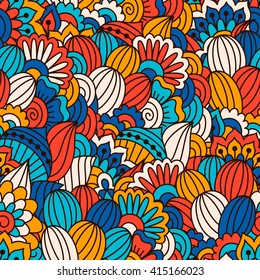 Hand drawn seamless pattern with floral elements. Colorful ethnic background. Pattern can be used for fabric, wallpaper or wrapping
