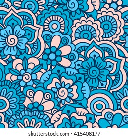 Hand drawn seamless pattern with floral elements. Colorful ethnic background. Pattern can be used for fabric, wallpaper or wrapping