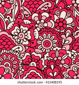 Hand drawn seamless pattern with floral elements. Colorful ethnic background. Pattern can be used for fabric, wallpaper or wrapping