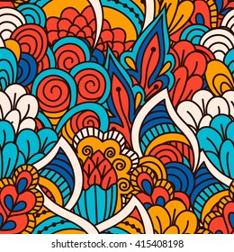 Hand drawn seamless pattern with floral elements. Colorful ethnic background. Pattern can be used for fabric, wallpaper or wrapping