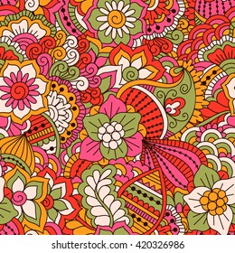 Hand drawn seamless pattern with floral elements. 