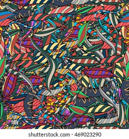 Hand drawn seamless pattern with floral stripes doodles elements. Colorful background.