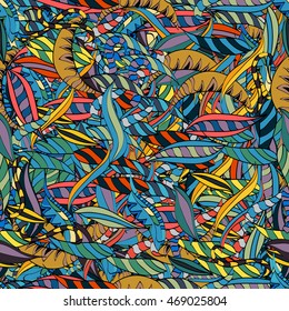 Hand drawn seamless pattern with floral stripes doodles elements. Colorful background.
