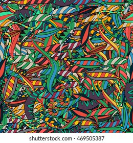 Hand drawn seamless pattern with floral stripes doodles elements. Colorful background.