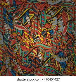 Hand drawn seamless pattern with floral stripes doodles elements. Colorful background.
