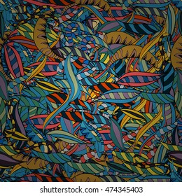 Hand drawn seamless pattern with floral stripes doodles elements. Colorful background.