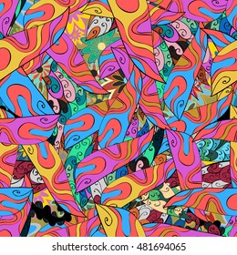 Hand drawn seamless pattern with floral stripes doodles elements. Colorful background.