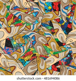 Hand drawn seamless pattern with floral stripes doodles elements. Colorful background.