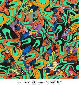 Hand drawn seamless pattern with floral stripes doodles elements. Colorful background.